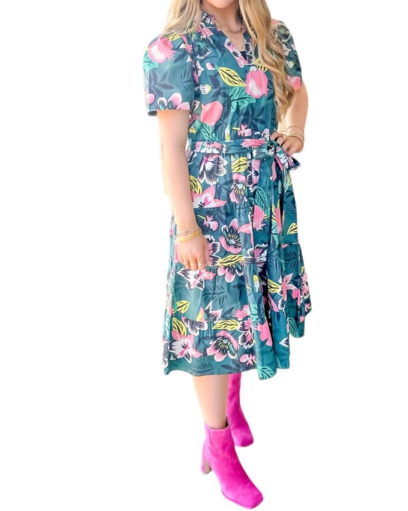 Front of a model wearing a size L Yara Dress In Fall Garden in Fall Garden by maude vivante. | dia_product_style_image_id:346409